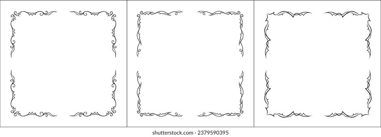 Set of three vector frames. Elegant black and white monochrome ornamental corners for greeting cards, banners, invitations. Vector frame for all sizes and formats. Isolated vector illustration.