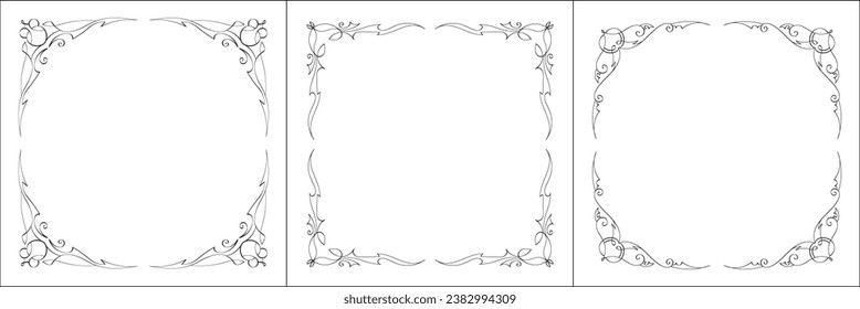 Set of three vector frames. Elegant black and white monochrome ornamental corners for greeting cards, banners, invitations. Vector frame for all sizes and formats. Isolated vector illustration.