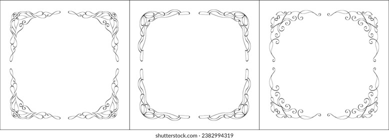 Set of three vector frames. Elegant black and white monochrome ornamental corners for greeting cards, banners, invitations. Vector frame for all sizes and formats. Isolated vector illustration.