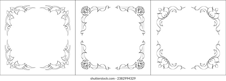 Set of three vector frames. Elegant black and white monochrome ornamental corners for greeting cards, banners, invitations. Vector frame for all sizes and formats. Isolated vector illustration.