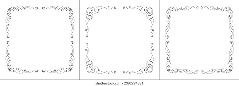 Set of three vector frames. Elegant black and white monochrome ornamental corners for greeting cards, banners, invitations. Vector frame for all sizes and formats. Isolated vector illustration.