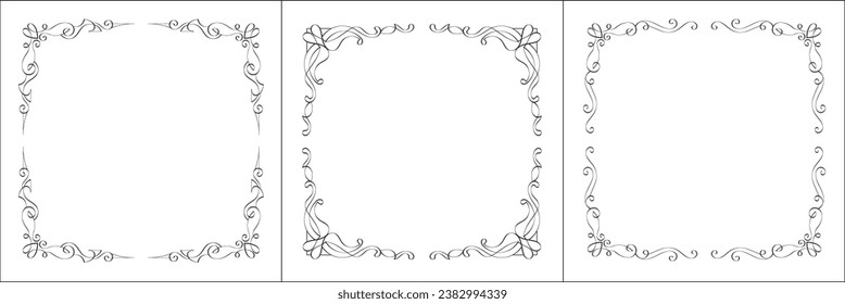 Set of three vector frames. Elegant black and white monochrome ornamental corners for greeting cards, banners, invitations. Vector frame for all sizes and formats. Isolated vector illustration.