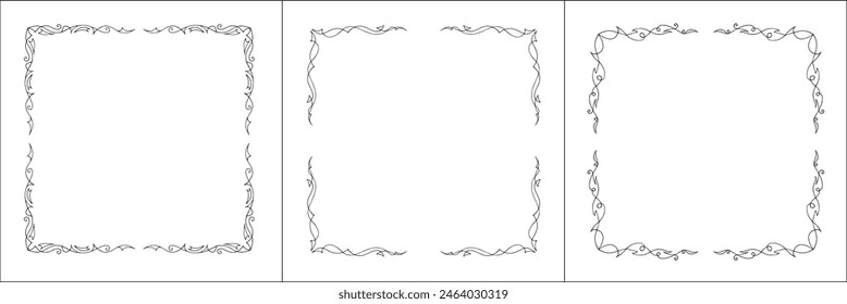 Set of three vector frames. Elegant black and white monochrome ornamental corners for greeting cards, banners, invitations. Vector frame for all sizes and formats. Isolated vector illustration.