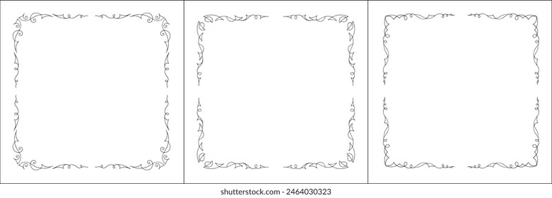 Set of three vector frames. Elegant black and white monochrome ornamental corners for greeting cards, banners, invitations. Vector frame for all sizes and formats. Isolated vector illustration.