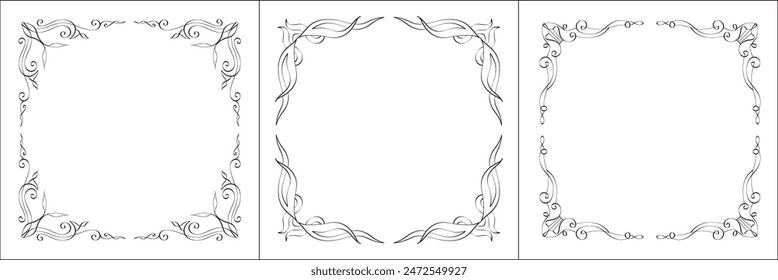 Set of three vector frames. Elegant black and white monochrome ornamental border for greeting cards, banners, invitations. Vector frame for all sizes and formats. Isolated vector illustration.	