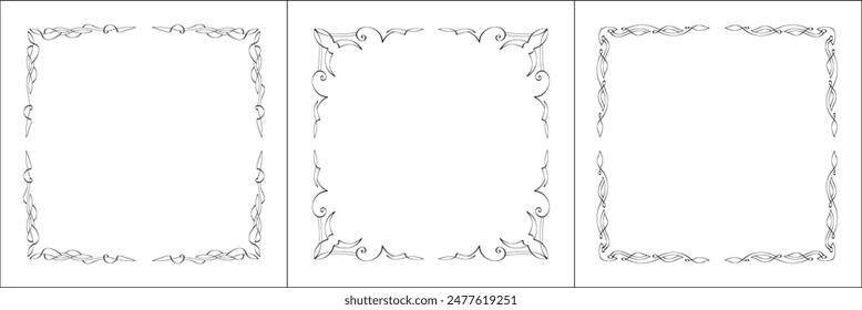 Set of three vector frames. Elegant black and white monochrome ornamental border for greeting cards, banners, invitations. Vector frame for all sizes and formats. Isolated vector illustration.	