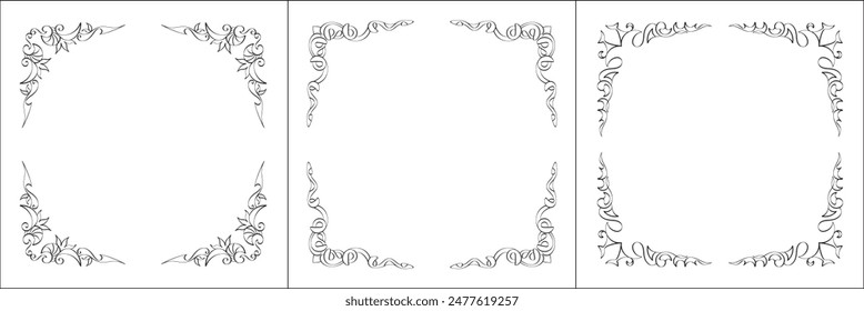Set of three vector frames. Elegant black and white monochrome ornamental border for greeting cards, banners, invitations. Vector frame for all sizes and formats. Isolated vector illustration.	