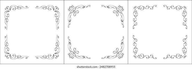 Set of three vector frames. Elegant black and white monochrome ornamental border for greeting cards, banners, invitations. Vector frame for all sizes and formats. Isolated vector illustration.	
