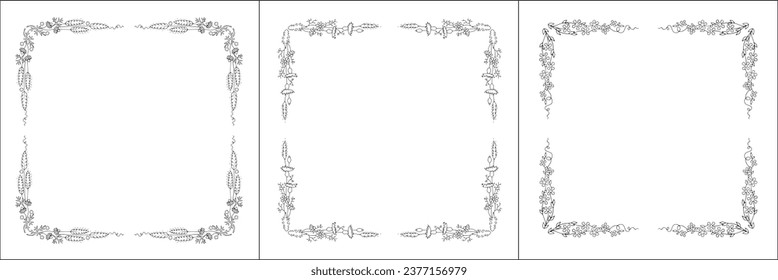 Set of three vector frames with field flowers. Elegant black and white monochrome ornamental corners. Vector frame for all sizes and formats. Isolated vector illustration.