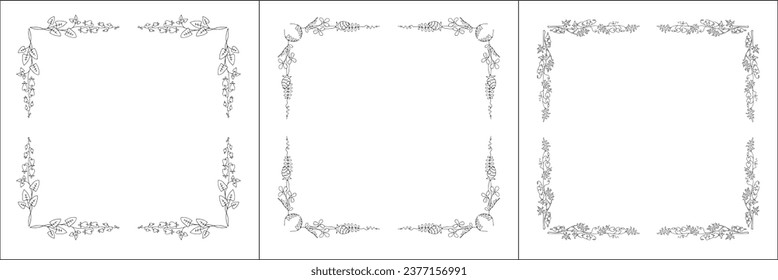 Set of three vector frames with flowers. Elegant black and white monochrome ornamental corners. Vector frame for all sizes and formats. Isolated vector illustration.