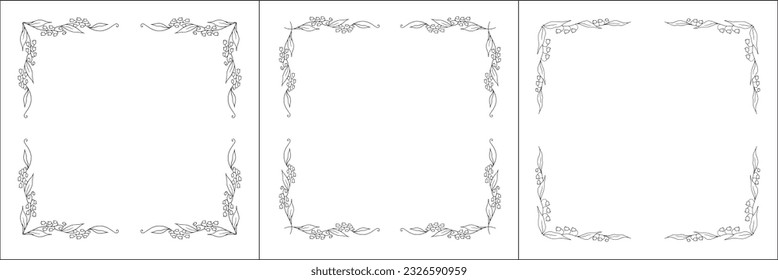 Set of three vector frames with lily of the valley. Elegant black and white monochrome ornamental corners. Vector frame for all sizes and formats. Isolated vector illustration.