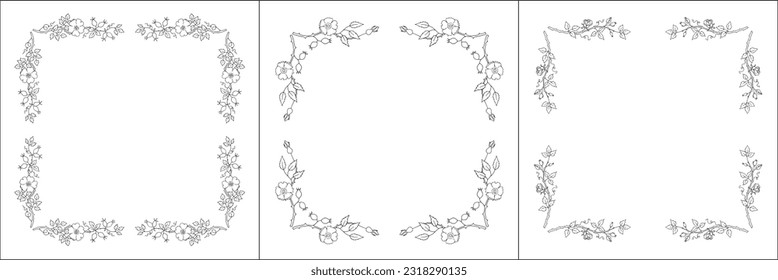 Set of three vector frames with roses. Elegant black and white monochrome ornamental corners. Vector frame for all sizes and formats. Isolated vector illustration.