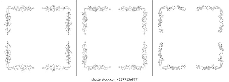 Set of three vector frames with wild flowers. Elegant black and white monochrome ornamental corners. Vector frame for all sizes and formats. Isolated vector illustration.