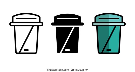Set of Three Vector Garbage Bin Icons in Different Styles and Finishes