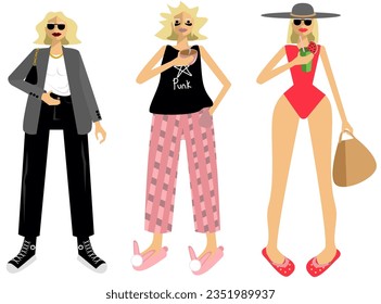 Set of three vector girls, stylish street fashion girl disheveled in pajamas at home, slim blonde in red swimsuit on the beach.What kind of girl are you a fashionista today, tired or on vacation?
