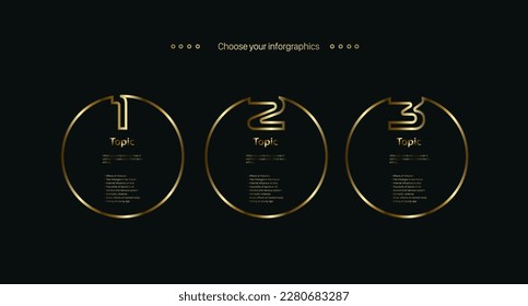 Set of three Vector  golden, premuim, luxury multipurpose Infographic template design,  thee options and elements options - premium golden version on a dark background