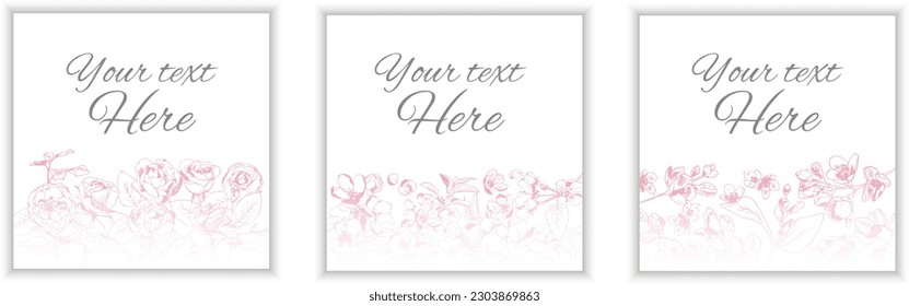 Set of three vector greeting card templates with pastel colored flowers on white background