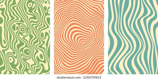 Conjunto de tres fondos de grosor vectorial en estilo retro de los años 70. Patrón hippie abstracto moderno con ondas psicodélicas y colores pastel