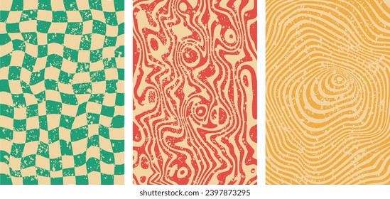 Set of three vector groovy background 60s, 70s retro style. Trendy abstract hippie grunge patterns with psychedelic waves