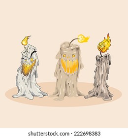 Set of three Vector Halloween Creepy Candle Characters, melted body expressive scary face