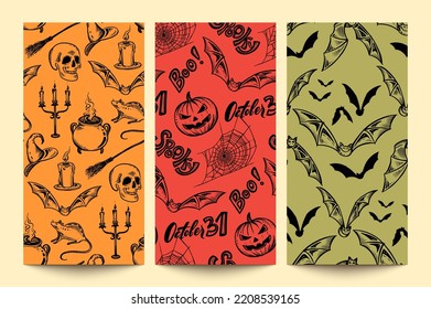 Set of three vector Halloween seamless patterns with hand drawn elements in sketch style. Holiday endless background.