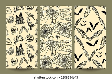 Set of three vector Halloween seamless patterns with hand drawn elements in sketch style. Holiday endless background.