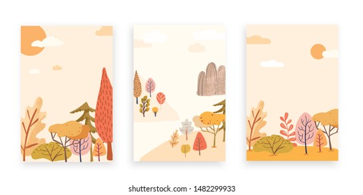 Set of three vector hand-drawn illustration with autumn background landscape. Mid autumn forest with mountains, yellow and red trees and clouds. Banner and greeting cards design template.