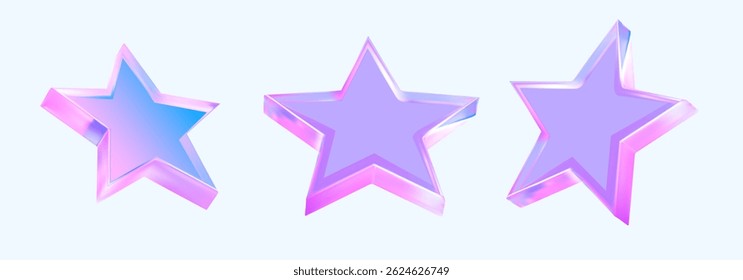 A set of three vector holographic stars in 3D style with soft gradients of purple, pink, and blue.