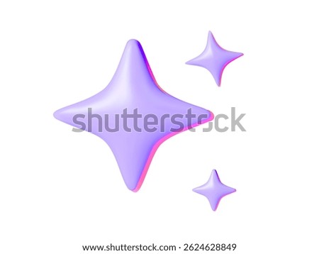 A set of three vector holographic stars in 3D style with soft gradients of purple, pink, and blue. Glossy and vibrant elements isolated on a clean white background.