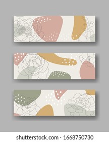 Set of three vector horizontal banners with abstract forms and flowers ornament