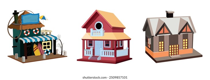 Conjunto de tres casas de Vector en varios estilos arquitectónicos