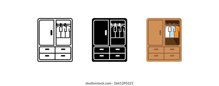 Un conjunto de tres iconos vectoriales de colección incluye un contorno simple, una silueta sólida y una versión de diseño plano de color.