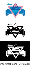 Set of three vector icons, in color and black an white version, of a mountain inside in a triangular shape on a band, to use like a logo  or graphic element.