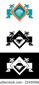 Set of three vector icons, in color and black an white version, of a tropical landscape with palms and the sun, inside a diamond shape over a band, to use like logo or graphic element.