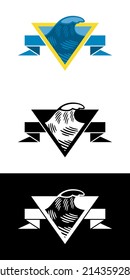 Set of three vector icons, in color and black an white version, of a wave inside a triangle over a band, to use like logo or graphic element.