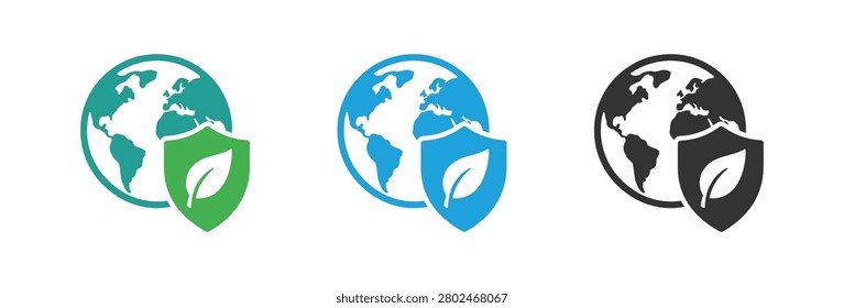 Set of three vector icons illustrating global environmental protection, featuring the Earth globe combined with a shield and a green leaf symbol, representing ecology and sustainability in various colors.