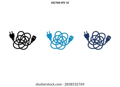 A set of three vector icons showing messy tangled electrical wires with male and female plugs in black and blue colors