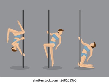 Set of three vector illustration of sexy lady doing pole dancing moves isolated on grey background.