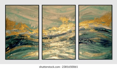 Set of three vector illustrations of abstract sea ocean art. Creative minimalistic vector illustration, vector design for wall decor, wallpaper, poster, card, mural, rug, hanging, print