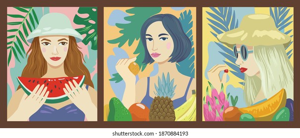 Set of three vector illustrations of beautiful young women eating tropical fruits. Bright colors and palm leaves.