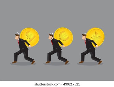 Set of three vector illustrations of cartoon businessman character carrying huge heavy gold coin with different currency symbols on his back. 