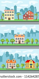 Set of three vector illustrations of city street with cartoon houses and trees. Summer urban landscape. Street view with cityscape on a background
