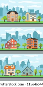 Set of three vector illustrations of city street with cartoon houses and trees. Summer urban landscape. Street view with cityscape on a background
