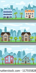 Set of three vector illustrations of city street with cartoon houses and trees. Summer urban landscape. Street view with cityscape on a background
