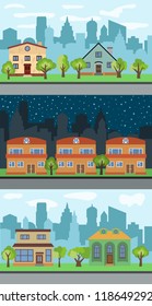Set of three vector illustrations of city street with cartoon houses and trees. Summer urban landscape. Street view with cityscape on a background
