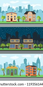 Set of three vector illustrations of city street with cartoon houses and trees. Summer urban landscape. Street view with cityscape on a background
