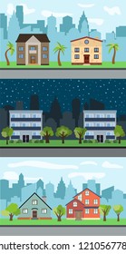 Set of three vector illustrations of city street with cartoon houses and trees. Summer urban landscape. Street view with cityscape on a background
