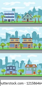 Set of three vector illustrations of city street with cartoon houses and trees. Summer urban landscape. Street view with cityscape on a background
