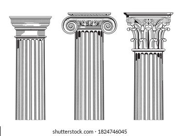 Set of three vector illustrations of columns in Greek and Roman styles, Doric, Ionic and Corinthian.