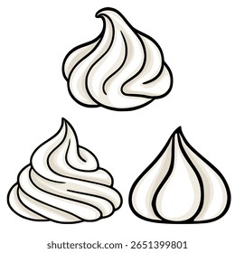A set of three vector illustrations depicting creamy swirls, showcasing varying styles of whipped cream or meringue, ideal for dessert menus, bakery branding, or culinary designs.